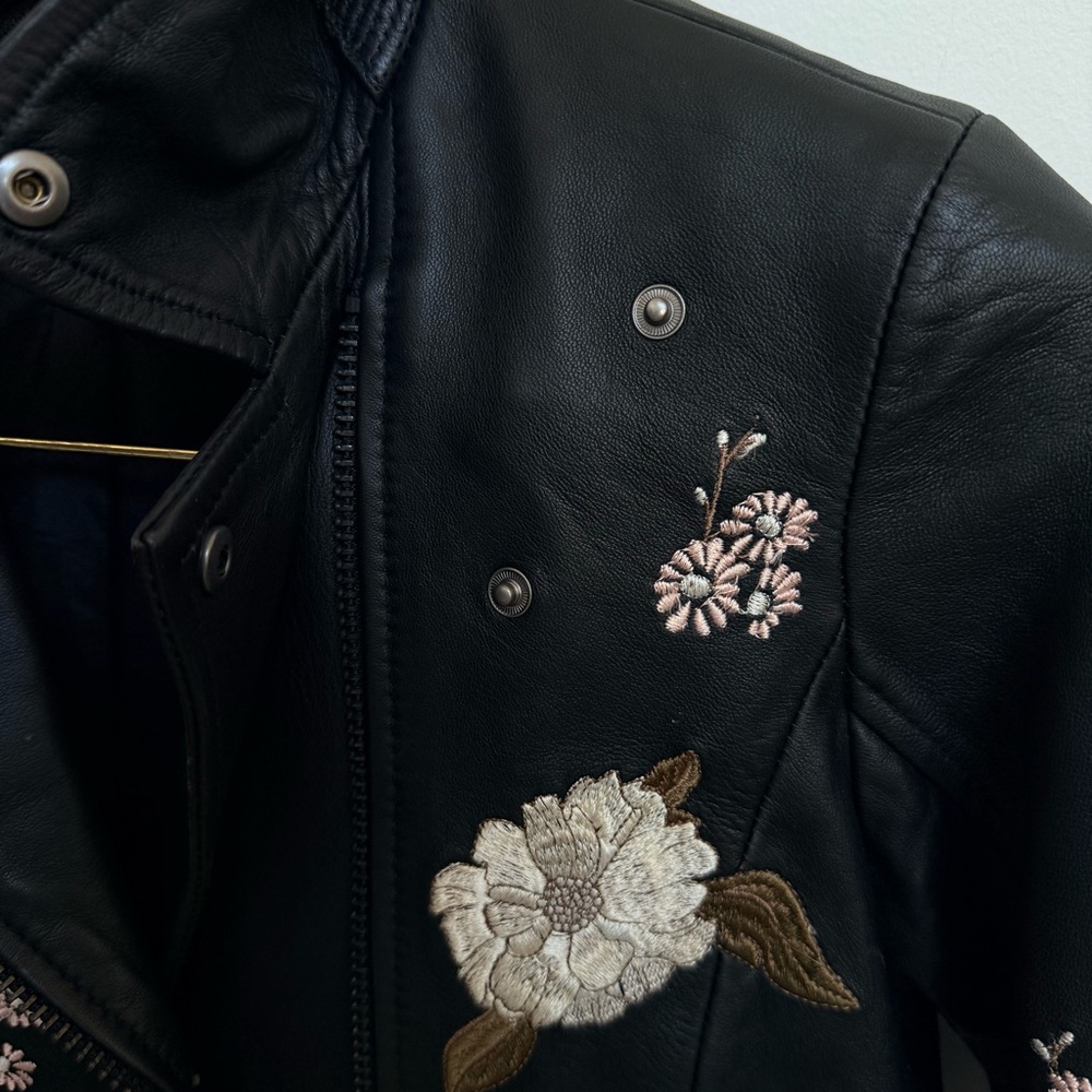 LAMARQUE Floral Embroidered Black Leather Moto Jacket XS - Picture 5 of 11